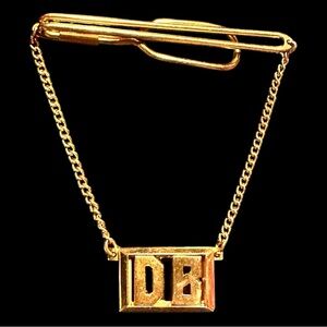 Vintage Gold-tone Swank Tie Bar Clip with Tie Chain - Initials “DB” (VGUC)